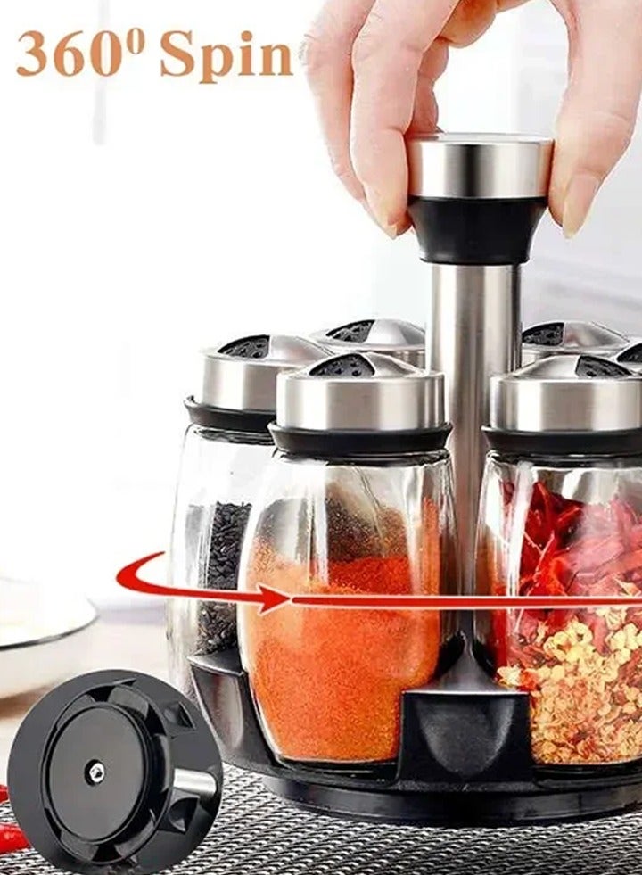 Spice Jar Set Rack Glass Organizer Rotating Glass Seasoning Sugar Pepper Bottles Salt Shakers Holder Kitchen Storage Rack,Stainless Steel Spinning Glass Organizer - Image 5