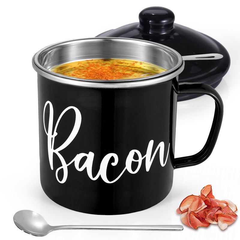 Fondpen Bacon Grease Container with Strainer - Mini 15oz Enamel Grease Container, Farmhouse Bacon Grease Keeper For Kitchen Fat Storage, Dishwasher Safe- Black - Image 1