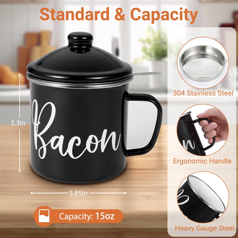 Fondpen Bacon Grease Container with Strainer - Mini 15oz Enamel Grease Container, Farmhouse Bacon Grease Keeper For Kitchen Fat Storage, Dishwasher Safe- Black - Image 2