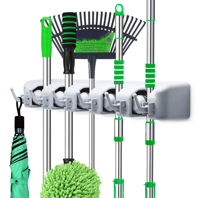 Circle M Wall Holder, Wall Mounted Mop and Broom Hanger Holder, Garage Storage Rack, Garden Tool Organizer, 5 Position 6 Hooks, Space-Saving Organizer for Home, Kitchen, Bathroom, Laundry Room