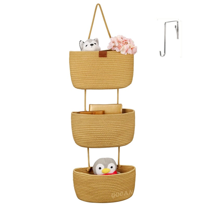 GOCAN Hanging Storage Baskets Over the Door Hanging Basket, 3-Tier Cotton Rope Woven Hanging Organizer, Detachable Decorative Hanging Baskets for Wall Living Room, Bathroom and Bedroom(Jute) - Image 1