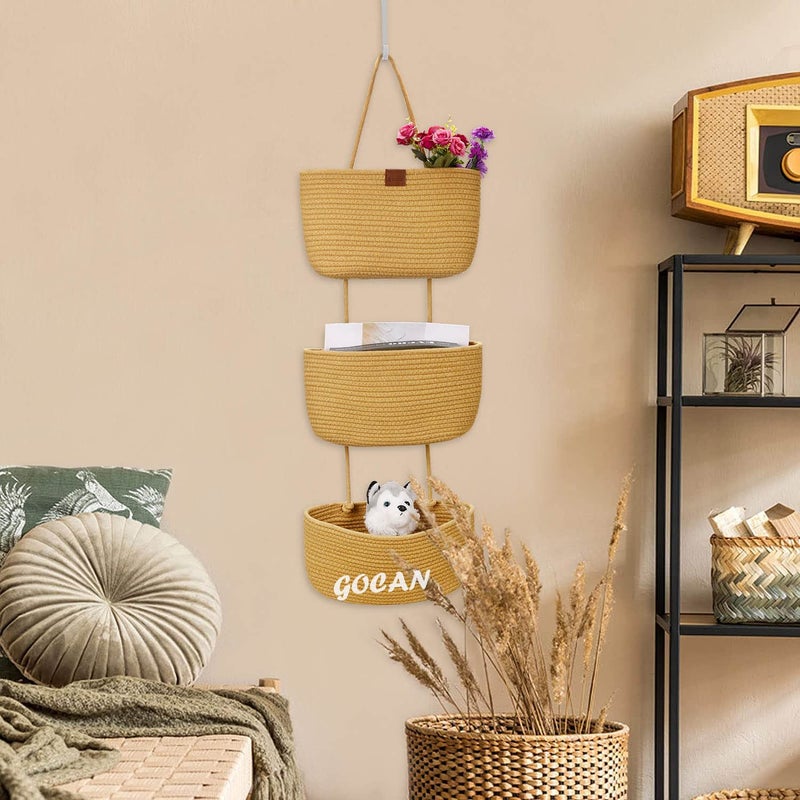 GOCAN Hanging Storage Baskets Over the Door Hanging Basket, 3-Tier Cotton Rope Woven Hanging Organizer, Detachable Decorative Hanging Baskets for Wall Living Room, Bathroom and Bedroom(Jute) - Image 3