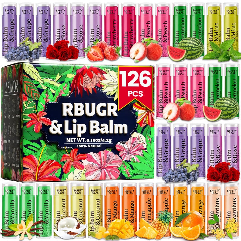 RBUGR 126 Pcs Lip Balm Bulk- 12-Flavored Natural Organic Moisturizing Lip Balm Set for Cracked Lips, Bulk Pack Valentine Party Favors Gifts (4.2g/0.15oz) - Image 1
