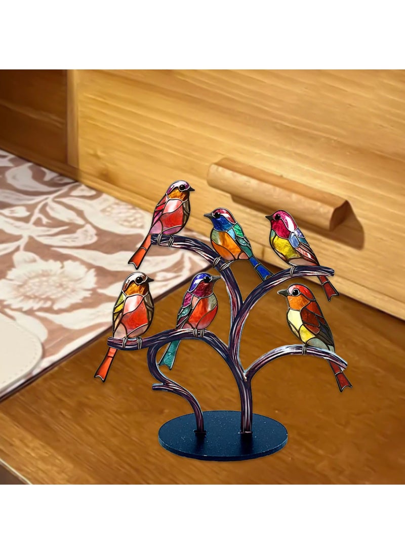 SYOSI - SYOSI Stained Glass Birds Desktop Ornament, 6 Birds Imitation Glass Art Tabletop Decor, Metal Vivid Craft Desktop Ornaments for Home Office Decor, Retro Acrylic Desktop Decoration - Image 1