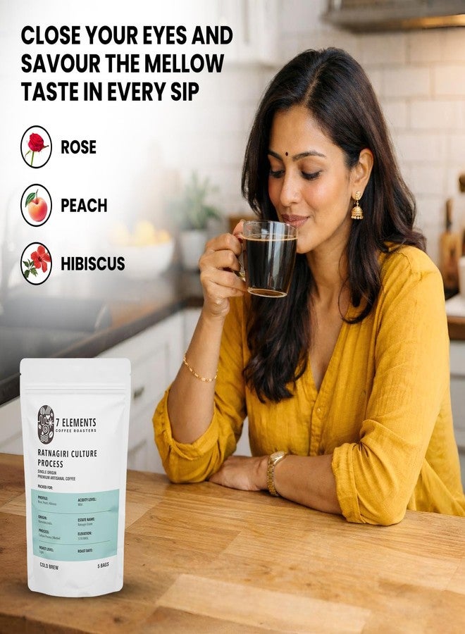 7 Elements Coffee Roasters Ratnagiri Culture Process Cold Brew Bag (Pack of 5) | Light Roast | Freshly Roasted Ground Coffee Bag | Rose, Peach, Hibiscus Flavour Notes - Image 3