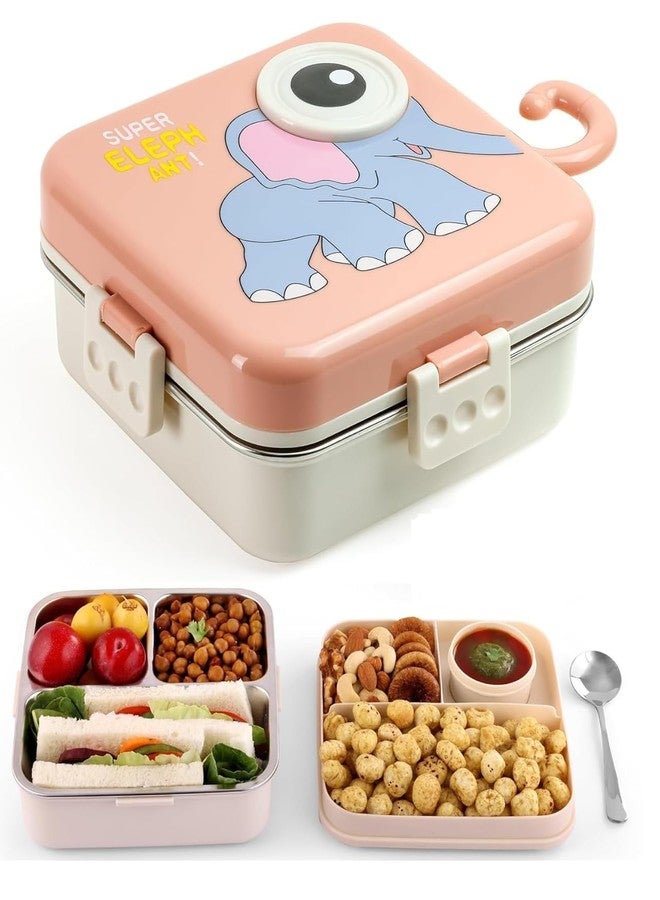TOYTASTIC Pink Kids Lunch Box – Stainless Steel Insulated Tiffin for School with Spoon, BPA-Free | Leak-Resistant Bento Box with Tray & Container | 800 ml (Pink, Super Elephant) - Image 1