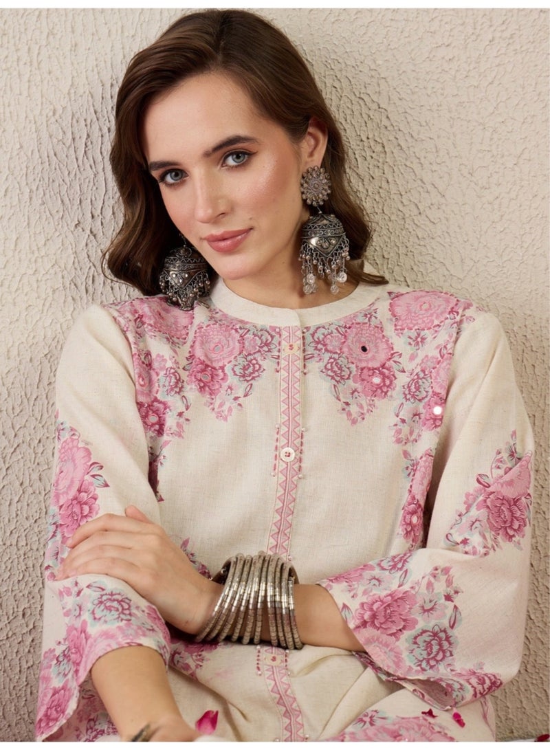 Ameya White-printed-pure-cotton-a-line-kurta-sets - Image 1