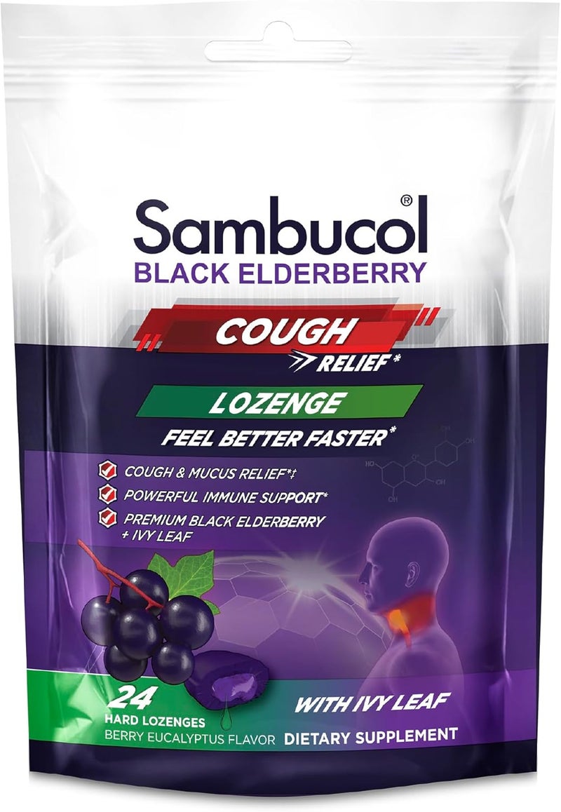 Sambucol Black Elderberry Cough Relief Lozenges Cough Drops for Adults Sambucus Elderberry Lozenges with Ivy Leaf Cough Mucus Relief Immune Support Berry Eucalyptus 24 Count 2 Pack - Image 1