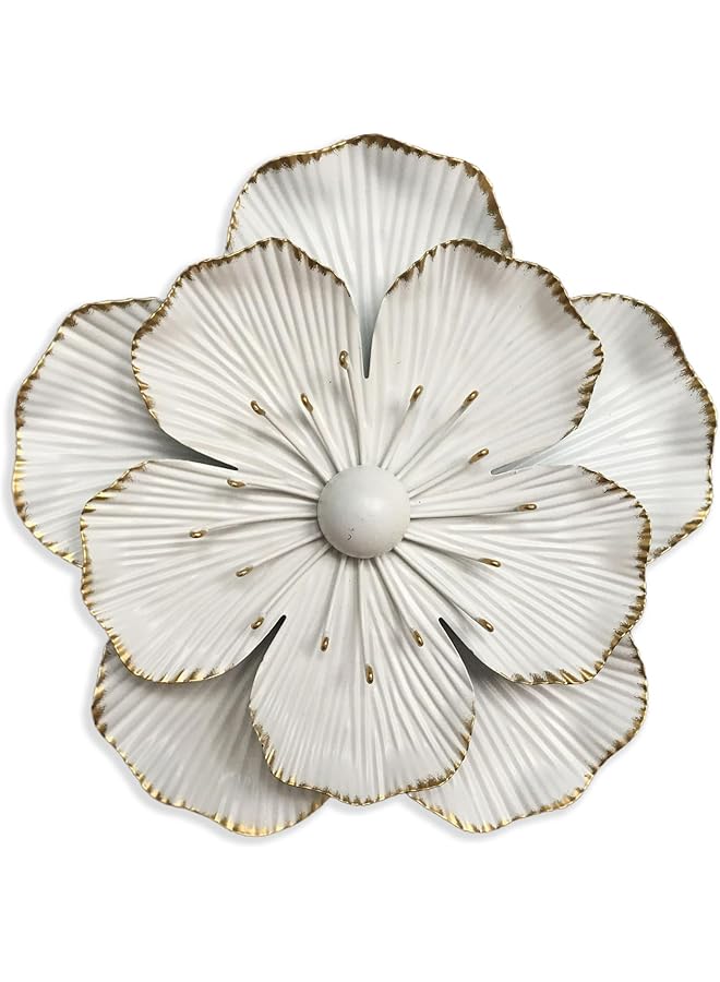 The Bros Metal Flower Wall Art Decor, 9" Rustic Modern Floral Sculpture, Distressed Iron Wall Hanging Home Decoration Accent Artworks for Indoor Kitchen Bedroom Living Office Outdoor Garden Patio (35B-White) - Image 1