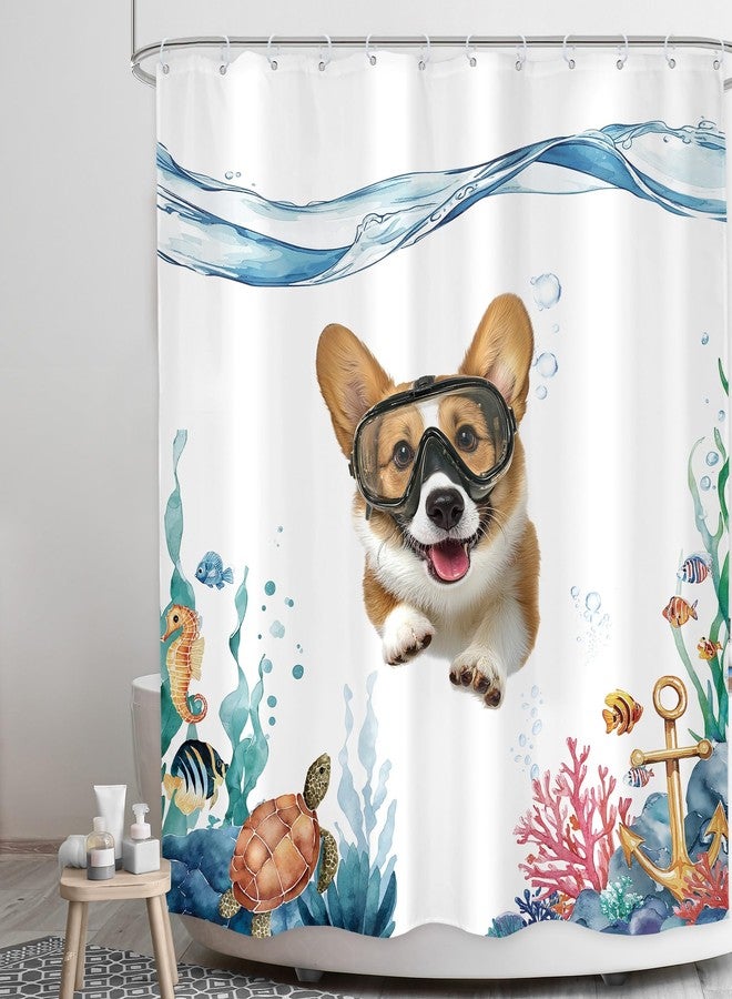 LGhtyro Funny Dog Shower Curtain Bathroom Set 60Wx71H Inches Hilarious Swimming Dog Blue Sea Ocean Bath Accessories Nautical Cute Lovely Corgi Fish Turtle Animal Art Home Decor Fabric 12 Pack Hooks - Image 3