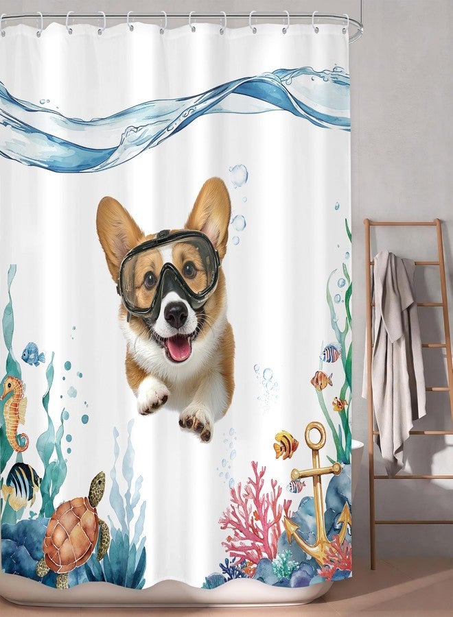 LGhtyro Funny Dog Shower Curtain Bathroom Set 60Wx71H Inches Hilarious Swimming Dog Blue Sea Ocean Bath Accessories Nautical Cute Lovely Corgi Fish Turtle Animal Art Home Decor Fabric 12 Pack Hooks - Image 1