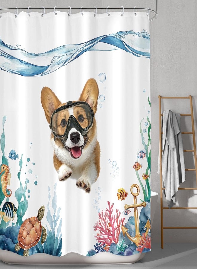 LGhtyro Funny Dog Shower Curtain Bathroom Set 60Wx71H Inches Hilarious Swimming Dog Blue Sea Ocean Bath Accessories Nautical Cute Lovely Corgi Fish Turtle Animal Art Home Decor Fabric 12 Pack Hooks - Image 2