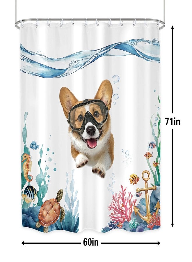 LGhtyro Funny Dog Shower Curtain Bathroom Set 60Wx71H Inches Hilarious Swimming Dog Blue Sea Ocean Bath Accessories Nautical Cute Lovely Corgi Fish Turtle Animal Art Home Decor Fabric 12 Pack Hooks - Image 5