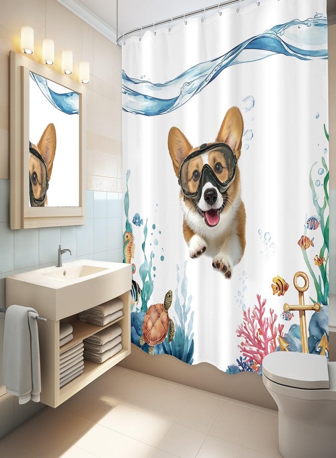 LGhtyro Funny Dog Shower Curtain Bathroom Set 60Wx71H Inches Hilarious Swimming Dog Blue Sea Ocean Bath Accessories Nautical Cute Lovely Corgi Fish Turtle Animal Art Home Decor Fabric 12 Pack Hooks - Image 4