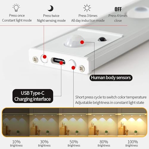 GITGRNTH (Pack of 2, White Motion Sensor Under Cabinet Light, 40 cm,1200 mAh Battery, 3 Dimmable LED Color Modes (Warm/Neutral/Cool White), USB Rechargeable Closet Lamp Wireless Light - Image 3