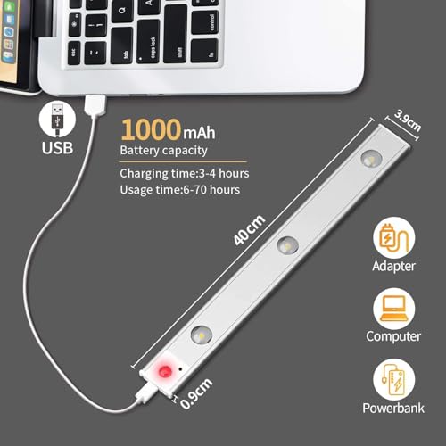 GITGRNTH (Pack of 2, White Motion Sensor Under Cabinet Light, 40 cm,1200 mAh Battery, 3 Dimmable LED Color Modes (Warm/Neutral/Cool White), USB Rechargeable Closet Lamp Wireless Light - Image 4