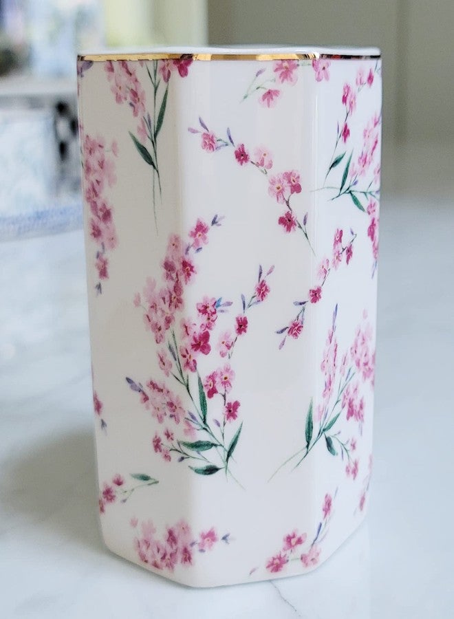 LEAZUL Pen Holder Stand for Desk Floral Pattern Pencil Cup for Girls Kids Durable Ceramic Desk Organizer Makeup Brush Holder for Office Classroom Home Pink Flowers - Image 2
