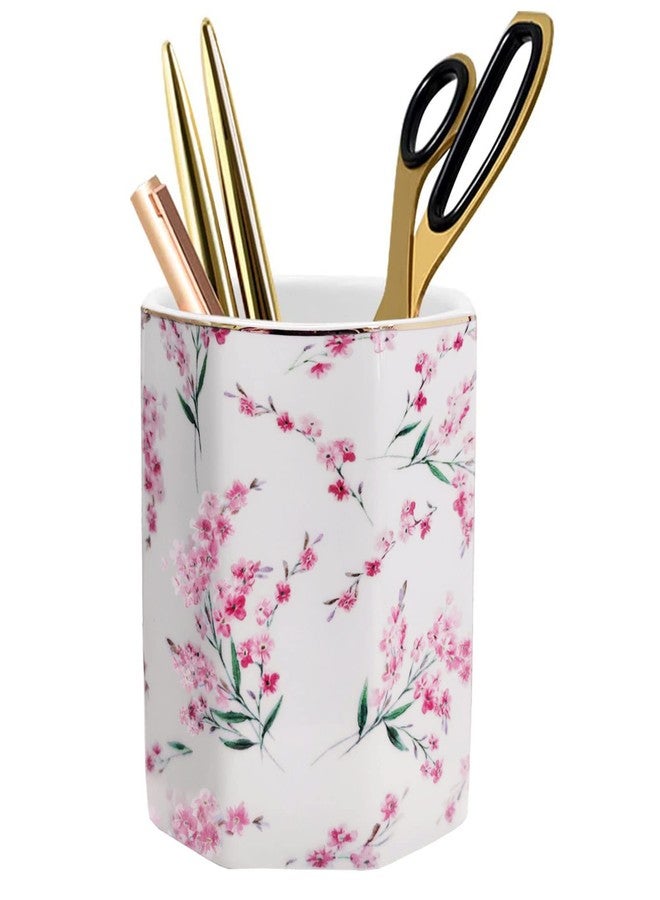 LEAZUL Pen Holder Stand for Desk Floral Pattern Pencil Cup for Girls Kids Durable Ceramic Desk Organizer Makeup Brush Holder for Office Classroom Home Pink Flowers - Image 3