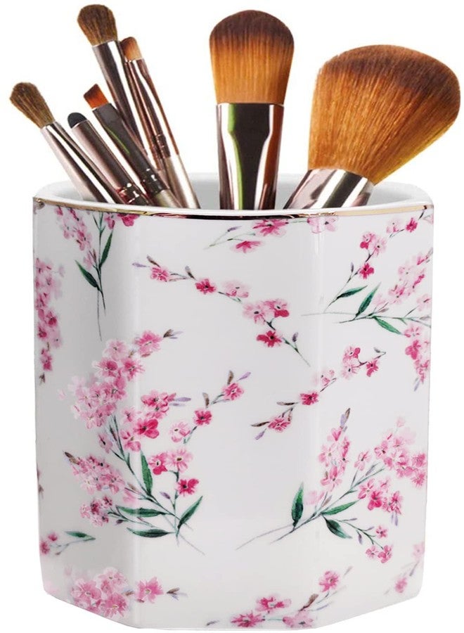 LEAZUL Pen Holder Stand for Desk Floral Pattern Pencil Cup for Girls Kids Durable Ceramic Desk Organizer Makeup Brush Holder for Office Classroom Home Pink Flowers - Image 1