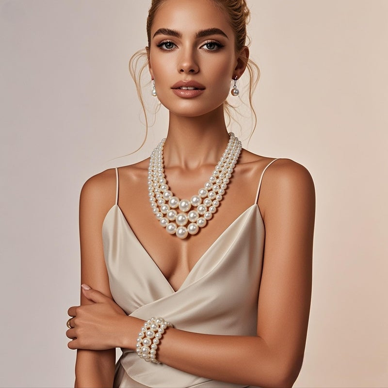 KOSMOS-LI Big Big Pearl Jewelry Set Stocking Stuffers 3 Layer Simulated Ivory Pearl Women's Statement 18" Necklace Bracelet and Earrings - Image 2
