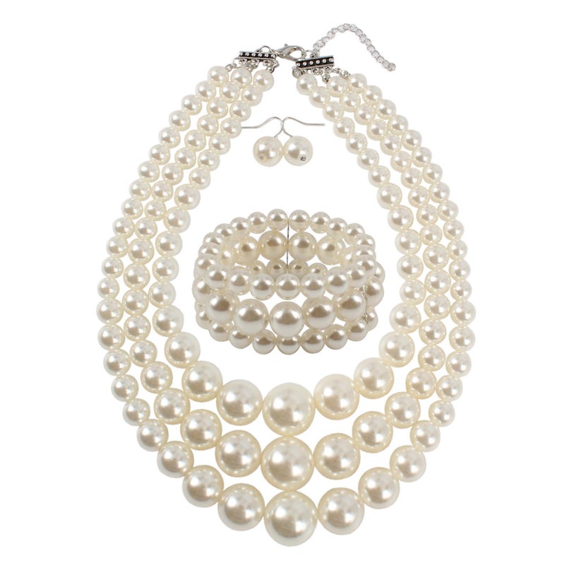 KOSMOS-LI Big Big Pearl Jewelry Set Stocking Stuffers 3 Layer Simulated Ivory Pearl Women's Statement 18" Necklace Bracelet and Earrings - Image 1