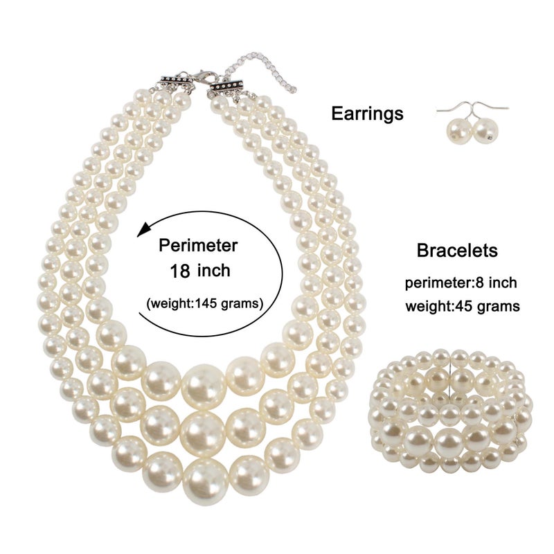 KOSMOS-LI Big Big Pearl Jewelry Set Stocking Stuffers 3 Layer Simulated Ivory Pearl Women's Statement 18" Necklace Bracelet and Earrings - Image 4
