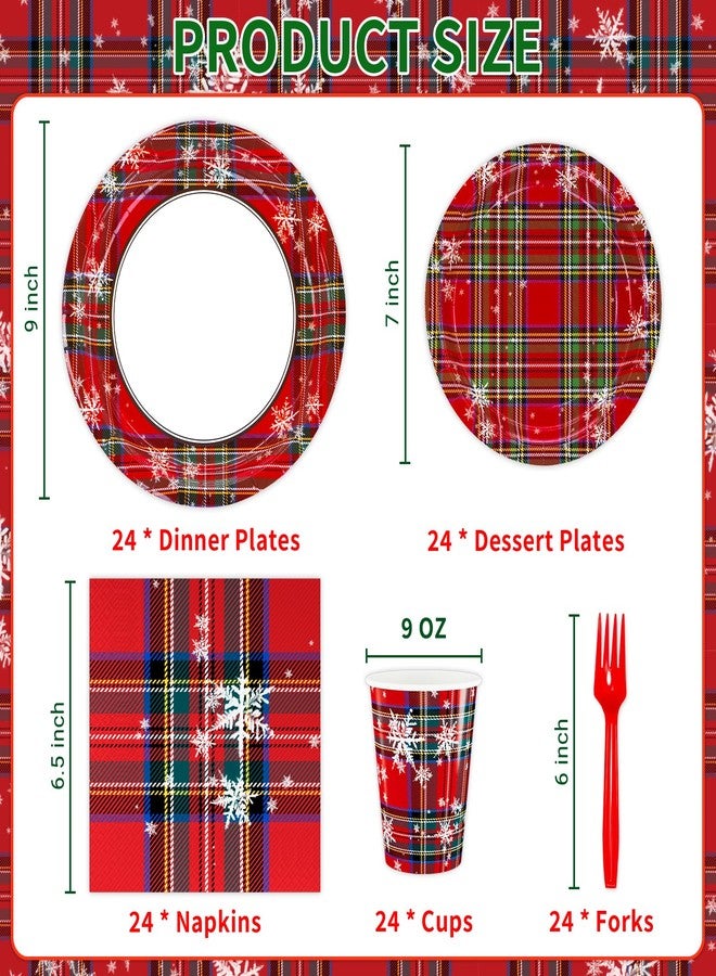 DYLIVeS Tartan Plaid with Snowflake Party Supplies, Tartan Plaid Decorations Disposable Dinnerware Set, Red and Green Plaid 9.2" Dinner Plates, 7" Dessert Plates, Napkins Cups Forks, Serves 24 - Image 2