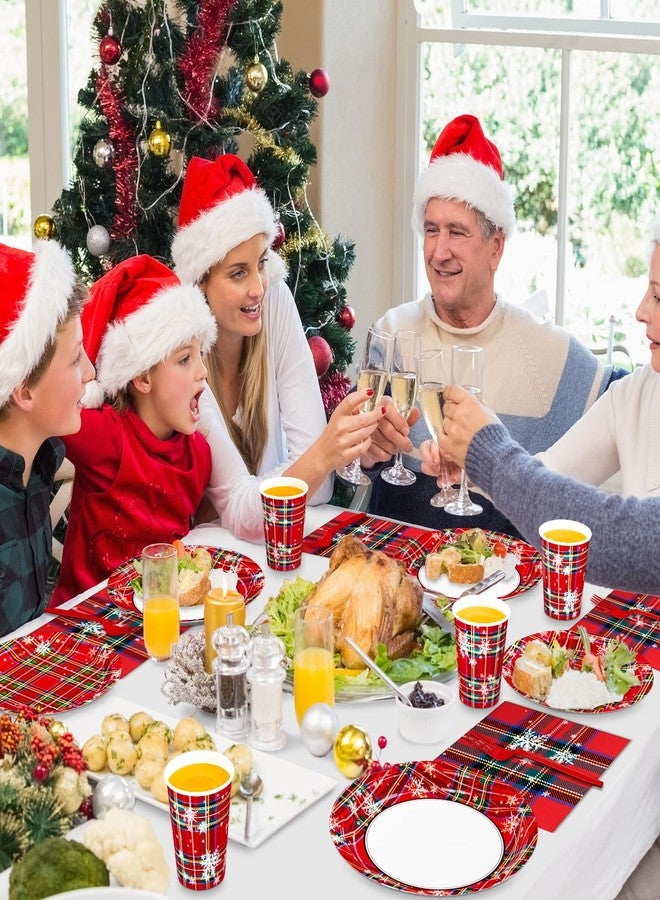 DYLIVeS Tartan Plaid with Snowflake Party Supplies, Tartan Plaid Decorations Disposable Dinnerware Set, Red and Green Plaid 9.2" Dinner Plates, 7" Dessert Plates, Napkins Cups Forks, Serves 24 - Image 5
