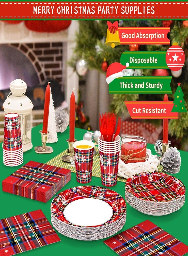 DYLIVeS Tartan Plaid with Snowflake Party Supplies, Tartan Plaid Decorations Disposable Dinnerware Set, Red and Green Plaid 9.2" Dinner Plates, 7" Dessert Plates, Napkins Cups Forks, Serves 24 - Image 3