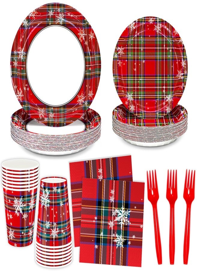 DYLIVeS Tartan Plaid with Snowflake Party Supplies, Tartan Plaid Decorations Disposable Dinnerware Set, Red and Green Plaid 9.2" Dinner Plates, 7" Dessert Plates, Napkins Cups Forks, Serves 24 - Image 1