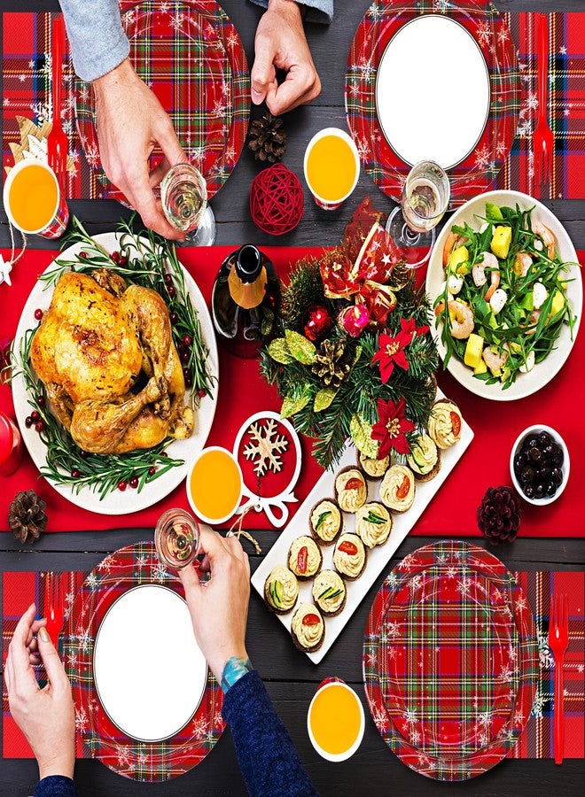 DYLIVeS Tartan Plaid with Snowflake Party Supplies, Tartan Plaid Decorations Disposable Dinnerware Set, Red and Green Plaid 9.2" Dinner Plates, 7" Dessert Plates, Napkins Cups Forks, Serves 24 - Image 4
