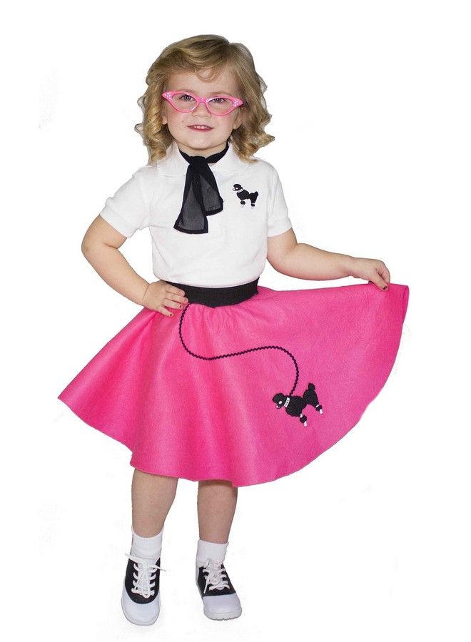 1950S Toddler Poodle Skirt With Scarf, Bobby Socks, And Glasses, 4 Piece Halloween Or Pretend Play Costume Set Hot Pink  - Image 3