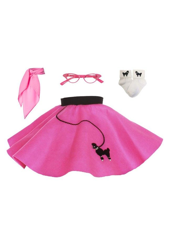 1950S Toddler Poodle Skirt With Scarf, Bobby Socks, And Glasses, 4 Piece Halloween Or Pretend Play Costume Set Hot Pink  - Image 1
