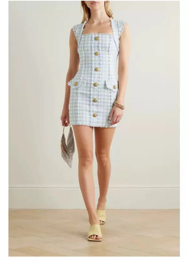 Madam Uniq Blue Sweet Chic Plaid Sleeveless Mini Dress