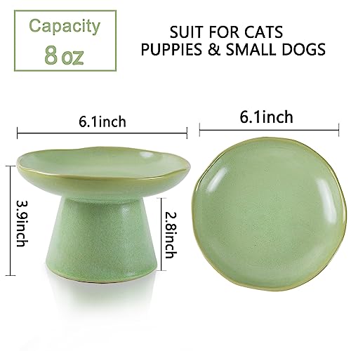 LOVINFURBABY Wide Shallow 6.1" Raised Cat Bowls, Ceramic Elevated Food Bowl for Flat Faced Cats and Small Dogs, Porcelain Feeder Bowl, Stress Free, Protect Cat’s Spine, Green - Image 2