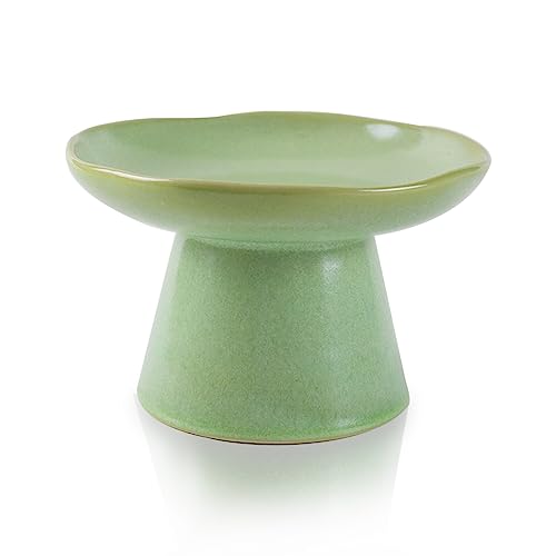 LOVINFURBABY Wide Shallow 6.1" Raised Cat Bowls, Ceramic Elevated Food Bowl for Flat Faced Cats and Small Dogs, Porcelain Feeder Bowl, Stress Free, Protect Cat’s Spine, Green - Image 1