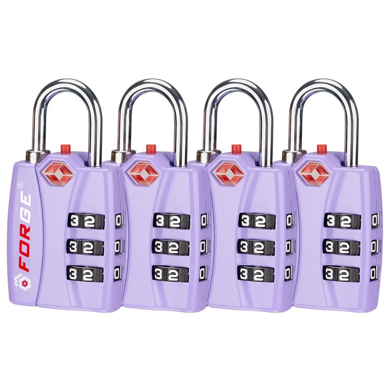 فورج أقفال الأمتعة المزورة المعتمدة من إدارة أمن النقل، مجموعة من 4 أقفال صغيرة باللون الأرجواني مع جسم من سبائك الزنك، تنبيه مفتوح، أقراص سهلة القراءة لحقائب السفر وحقائب الظهر. - Image 1