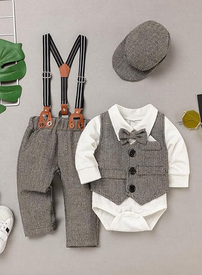 Baby Boys Clothes Baby Gentleman Formal Dress Romper with Vest  Detachable Suspender Pants Bowtie Beret Hat - Image 2