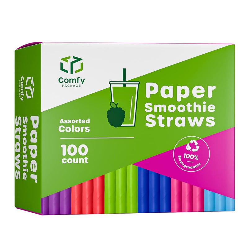 Comfy Package 100 Count Jumbo Paper Smoothie Straws 100 Biodegradable Assorted Colors