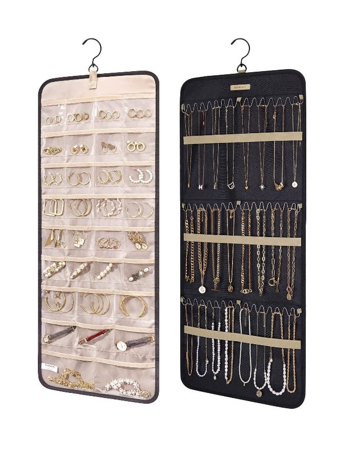 Hanging Jewelry Organizer Storage Roll with Hanger Metal Hooks Double-Sided Jewelry Holder for Earrings Necklaces Rings on Closet Wall Door Large Black - Image 1