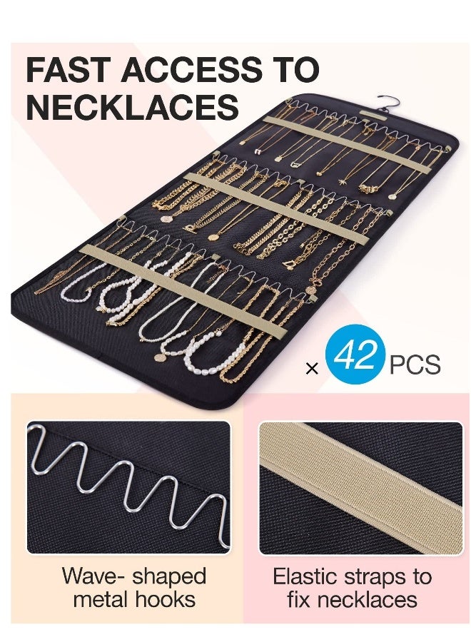 Hanging Jewelry Organizer Storage Roll with Hanger Metal Hooks Double-Sided Jewelry Holder for Earrings Necklaces Rings on Closet Wall Door Large Black - Image 3