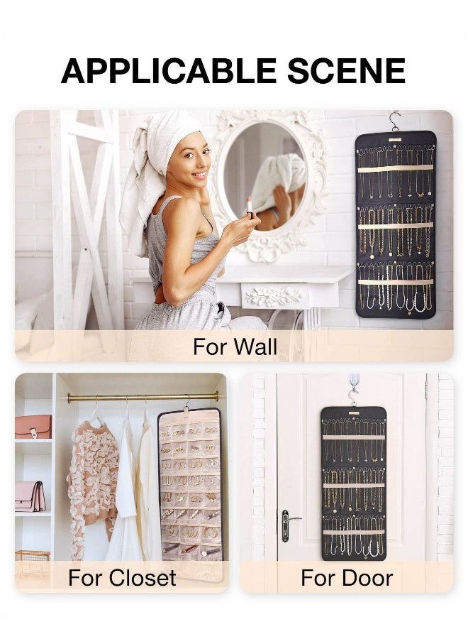 Hanging Jewelry Organizer Storage Roll with Hanger Metal Hooks Double-Sided Jewelry Holder for Earrings Necklaces Rings on Closet Wall Door Large Black - Image 2
