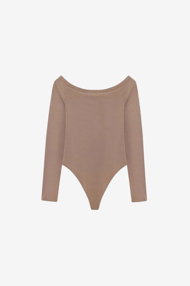 Dilvin Beige Natural DILVIN Slim-fit Boat Neck Bodysuit Blouse for Women | Best Price UAE