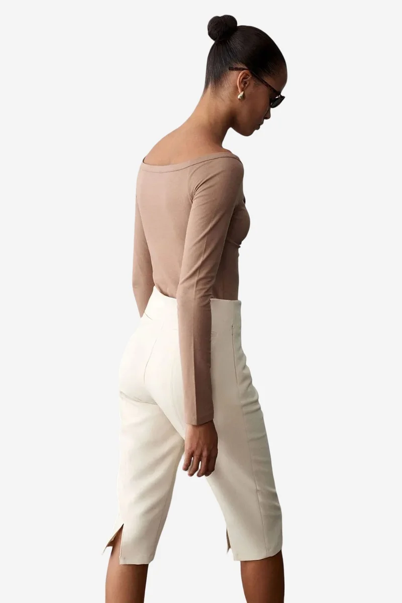 Dilvin Beige Natural DILVIN Slim-fit Boat Neck Bodysuit Blouse for Women | Best Price UAE
