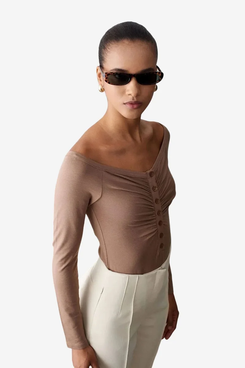 Dilvin Beige Natural DILVIN Slim-fit Boat Neck Bodysuit Blouse for Women | Best Price UAE