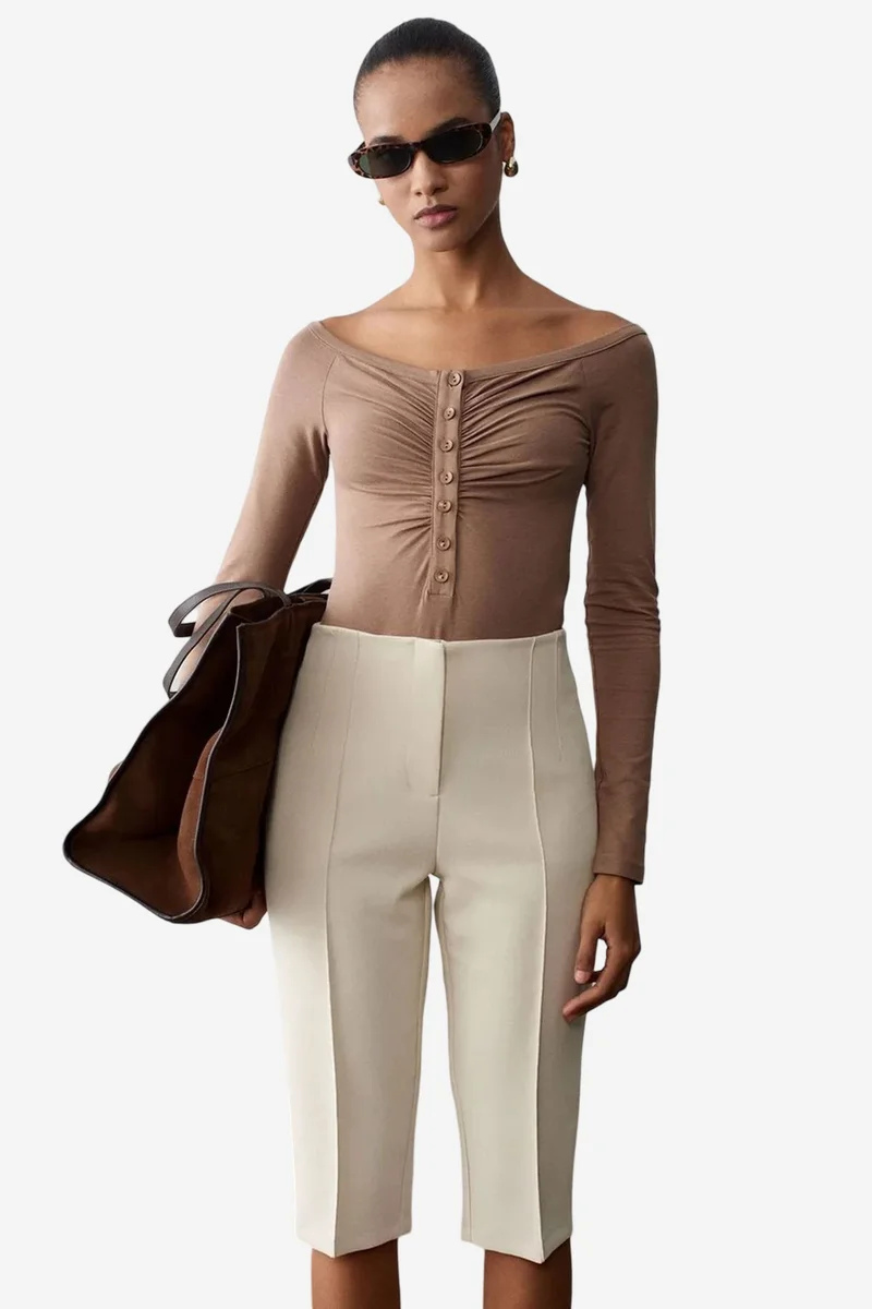 Dilvin Beige Natural DILVIN Slim-fit Boat Neck Bodysuit Blouse for Women | Best Price UAE