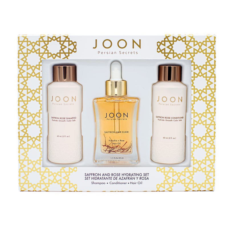Joon مجموعة هدايا بحجم السفر من جون المرطب | إكسير الشعر بالزعفران (1.11 أونصة سائلة)، شامبو الورد بالزعفران (2 أونصة سائلة) وبلسم (2 أونصة سائلة) - Image 1