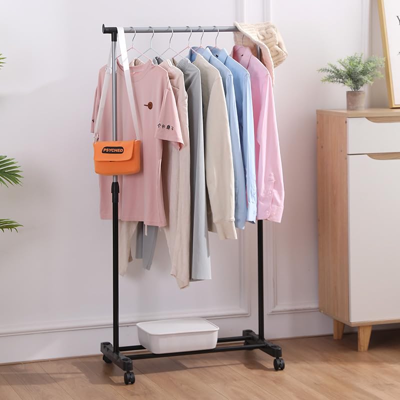 DWELLIT DWELLIT Multifunctional Rolling Clothes Rack with storage space for home and office portable wardrobe Black Gray single rod 4 Wheels 22mm Baked paint tubes Black Gray Single Rod - Image 1