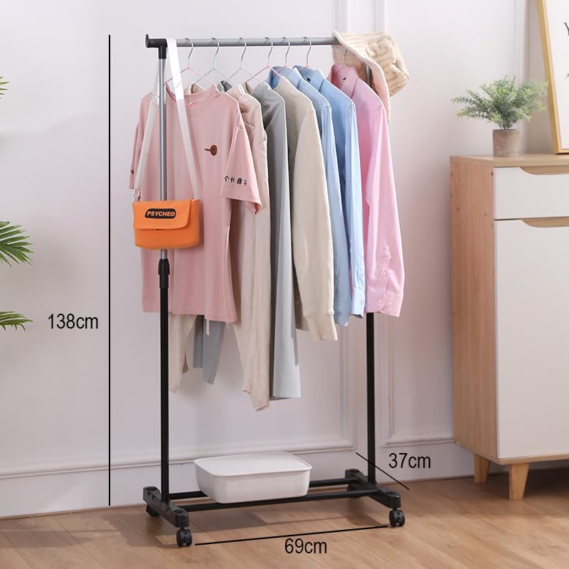 DWELLIT DWELLIT Multifunctional Rolling Clothes Rack with storage space for home and office portable wardrobe Black Gray single rod 4 Wheels 22mm Baked paint tubes Black Gray Single Rod - Image 4
