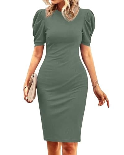 Cicy Bell Women's Puff Sleeve Bodycon Work Dresses Crew Neck Business Casual Office Pencil Dress Army Green - Image 2